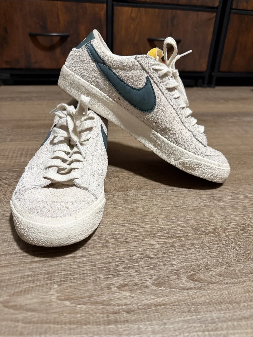 Nike Low-Top Suede Sneakers in Off-White with Teal Swoosh